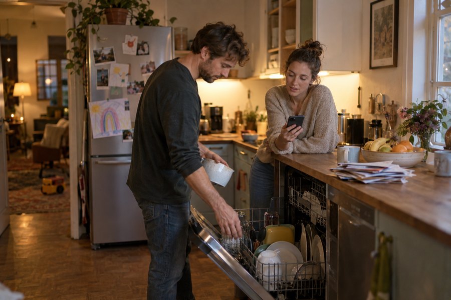 A couple checking a shared chore app
